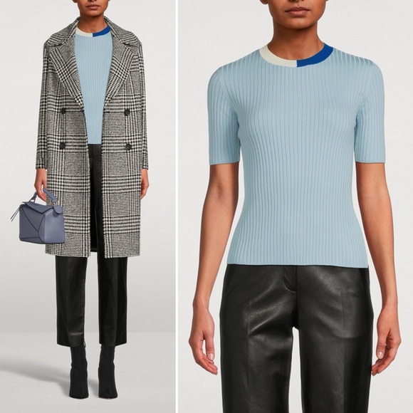 Akris Punto Sweaters - Akris Punto Virgin Wool Short Sleeve Sweater Womens US 14 Blue Cream Ribbed Crew